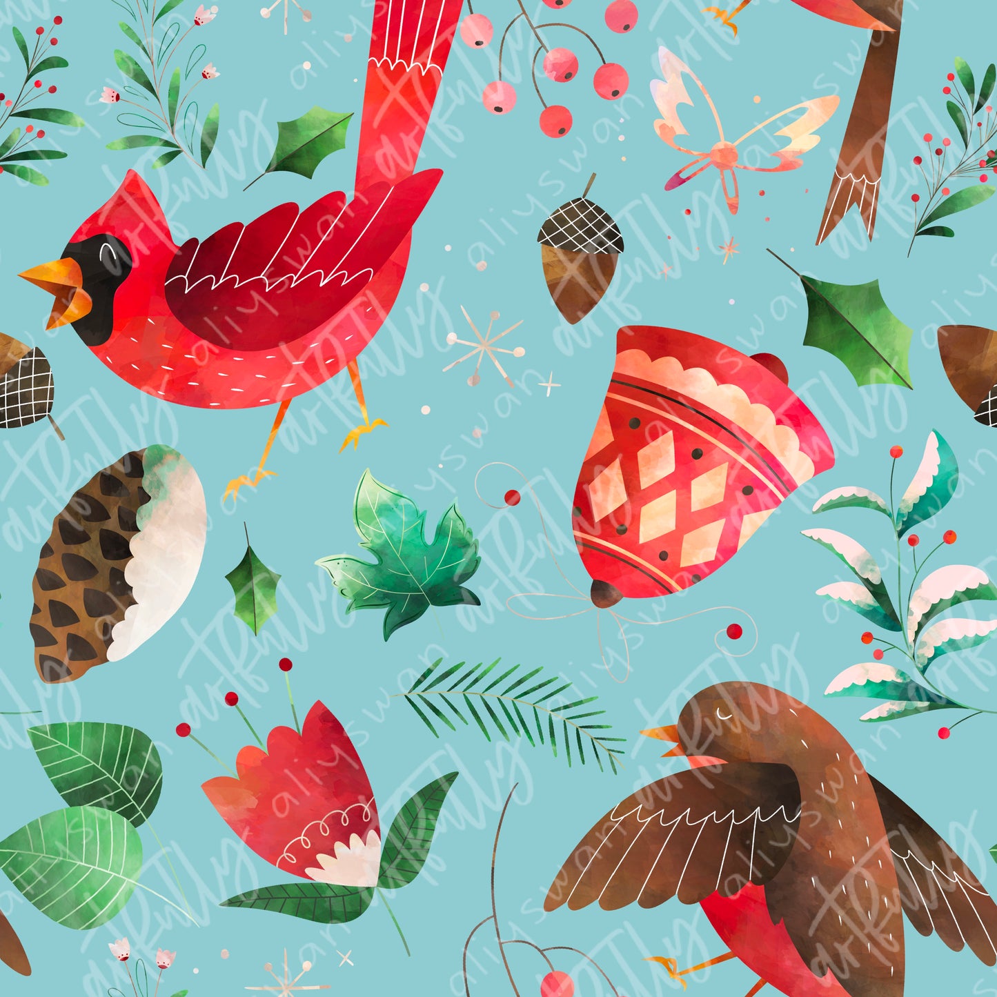 Yule Birds Seamless File - Light Blue