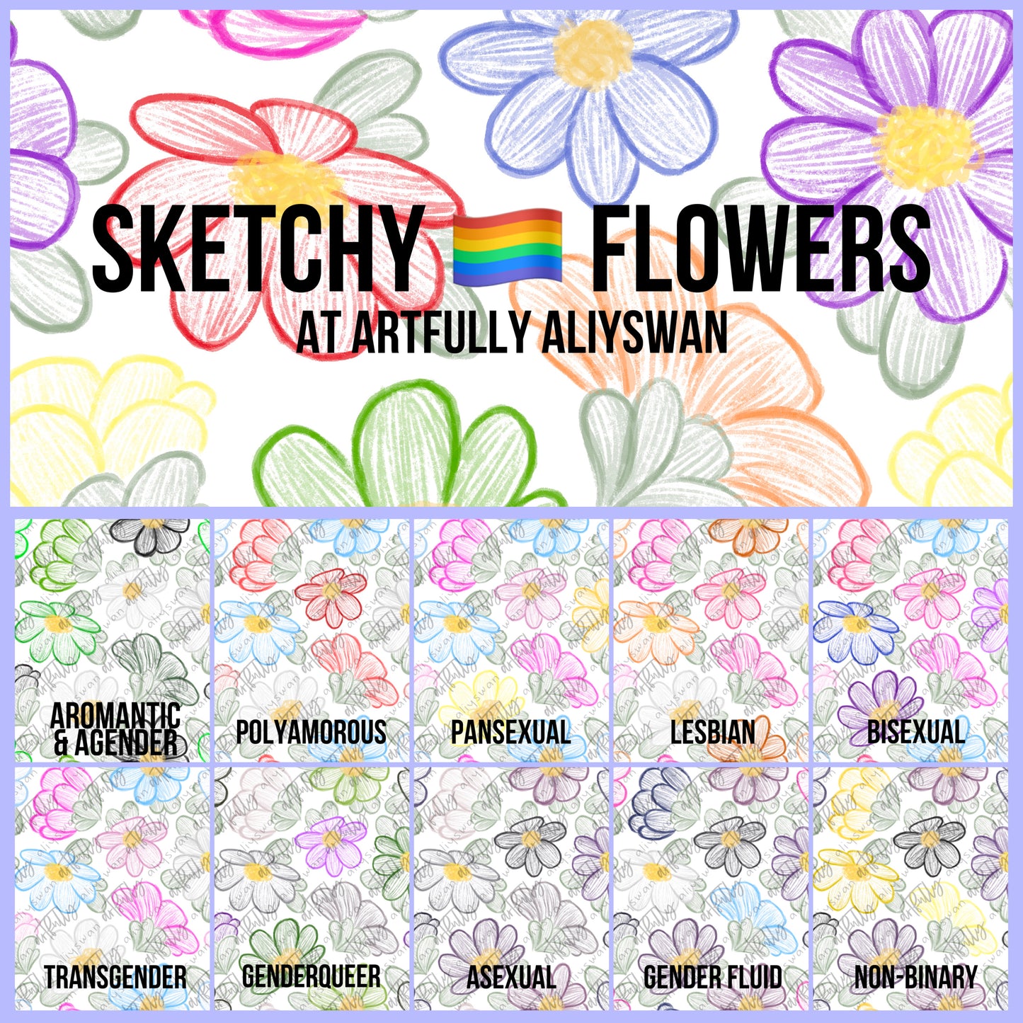 Sketchy PRIDE Flowers Seamless File - MULTIPLE OPTIONS